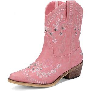 Women's Pink Embroidered Side Zipper Comfortable Chunky Heel Western Boot